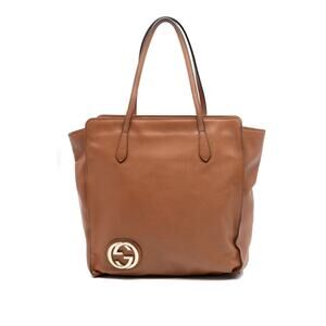 Gucci Brown Leather Shoulder Tote Bag Large Logo Hardware-E-Bay Authentication